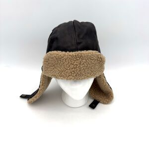 Brown/Tan Eddie Bauer Leather/Polyester Fur Trapper Hat Size L/XL